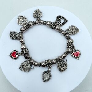 Y2K Bohemiam Silver-Tone Classic Elastic Ruby Shine Heart Multi-Charm Bracelet